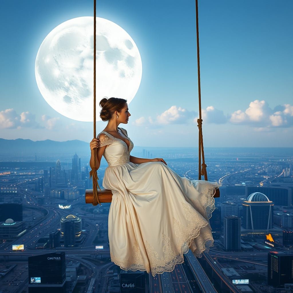 Hyperrealistic Evening Gown Scene Under a Radiant Full Moon