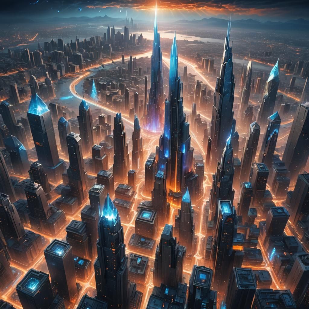 Ethereal AI Core Dominates Futuristic Cityscape
