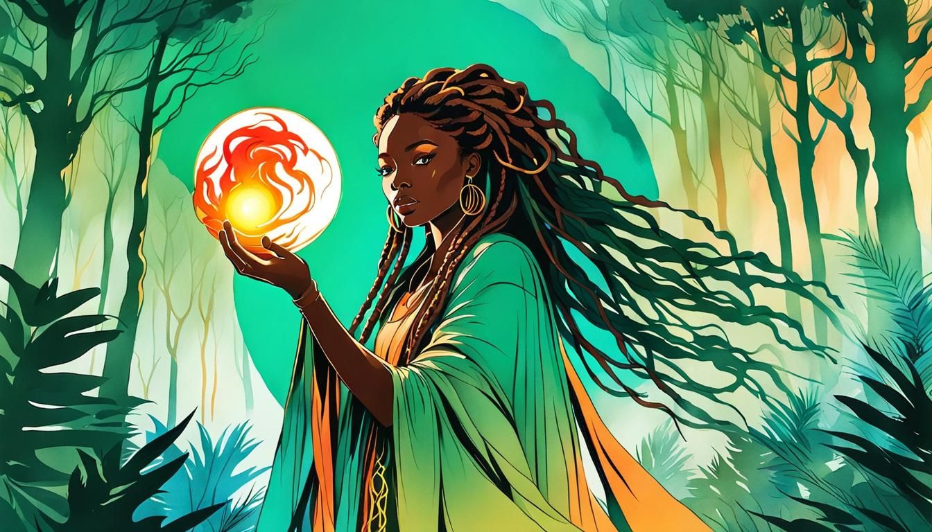 Elegant One-Line Art: Fire Goddess in Forest