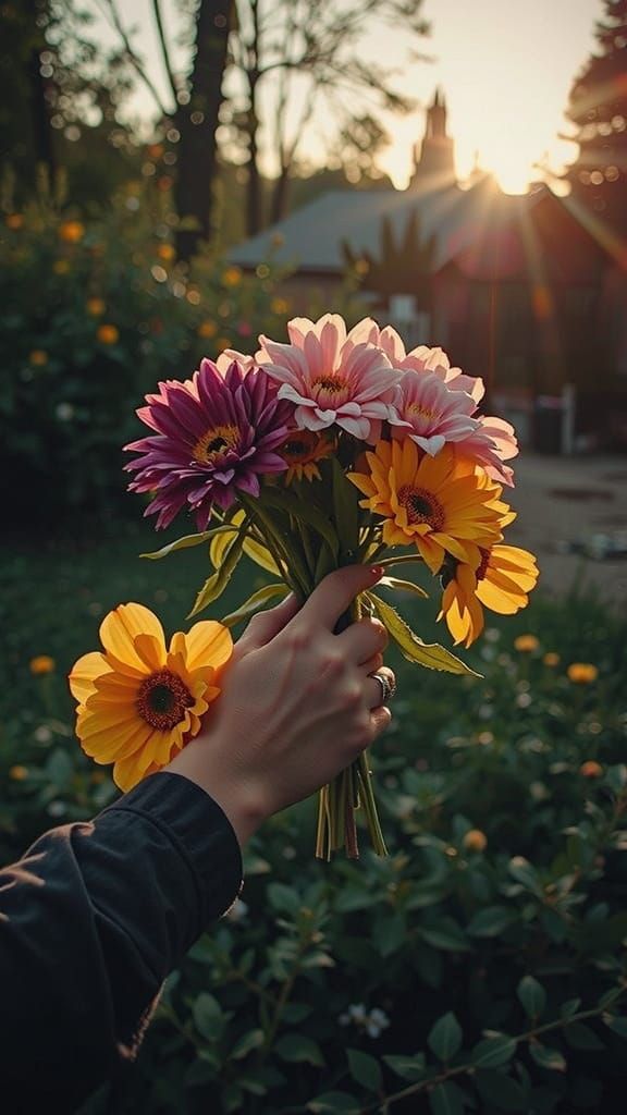 Hand Holding Flowers at Sunset: Hyperrealistic Film Still