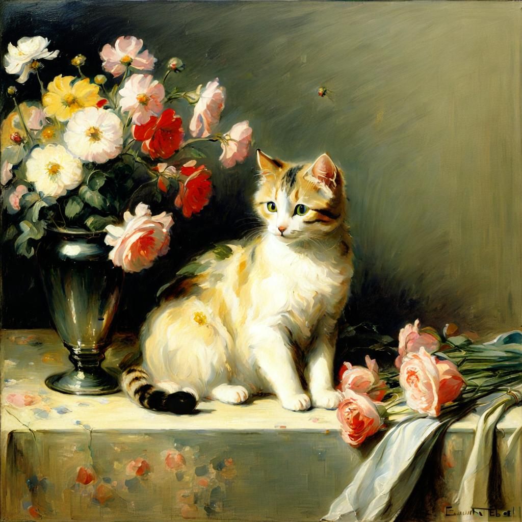 Cat on Pillow in Impressionist Style