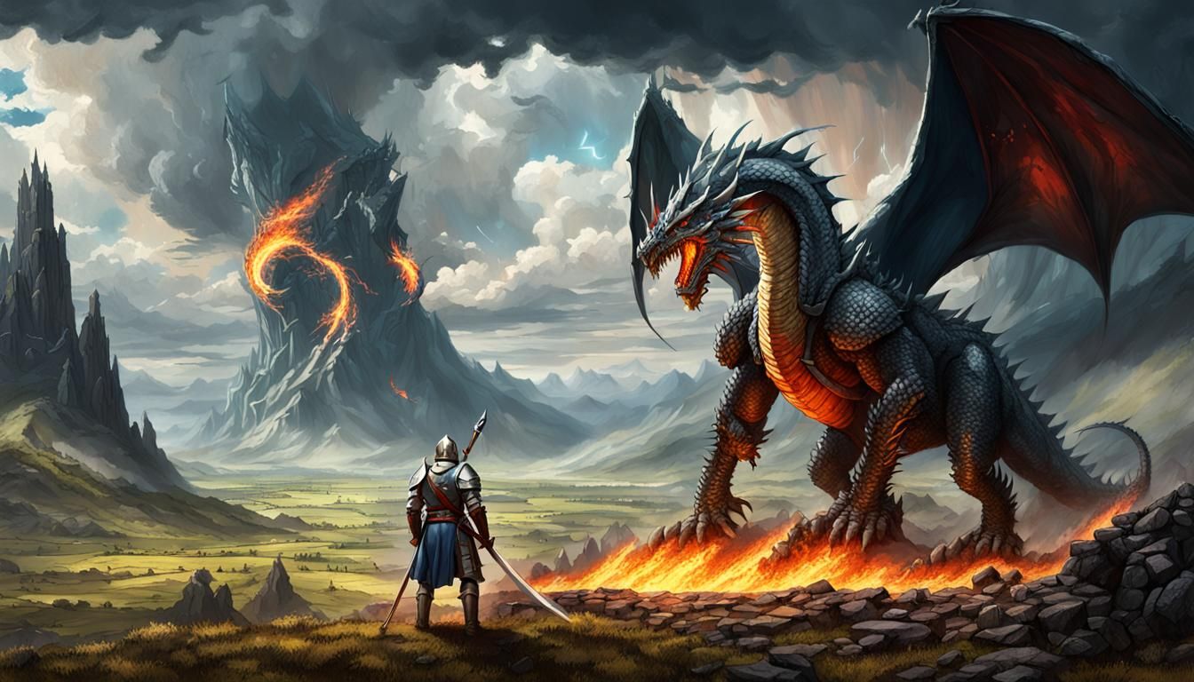 Knight Confronts Dragon in Desolate Valley