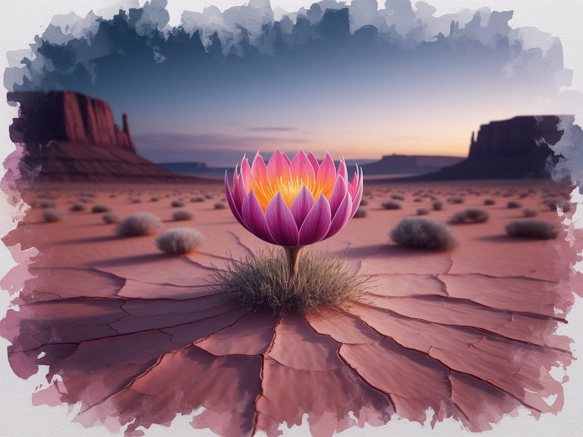 Vibrant Watercolor Flower Blooms in Arid Desert Twilight