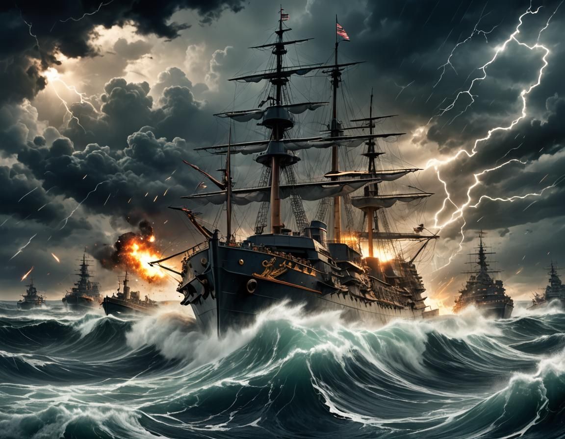 Battleship in Stormy Seas: Anime Cel-Shaded Style