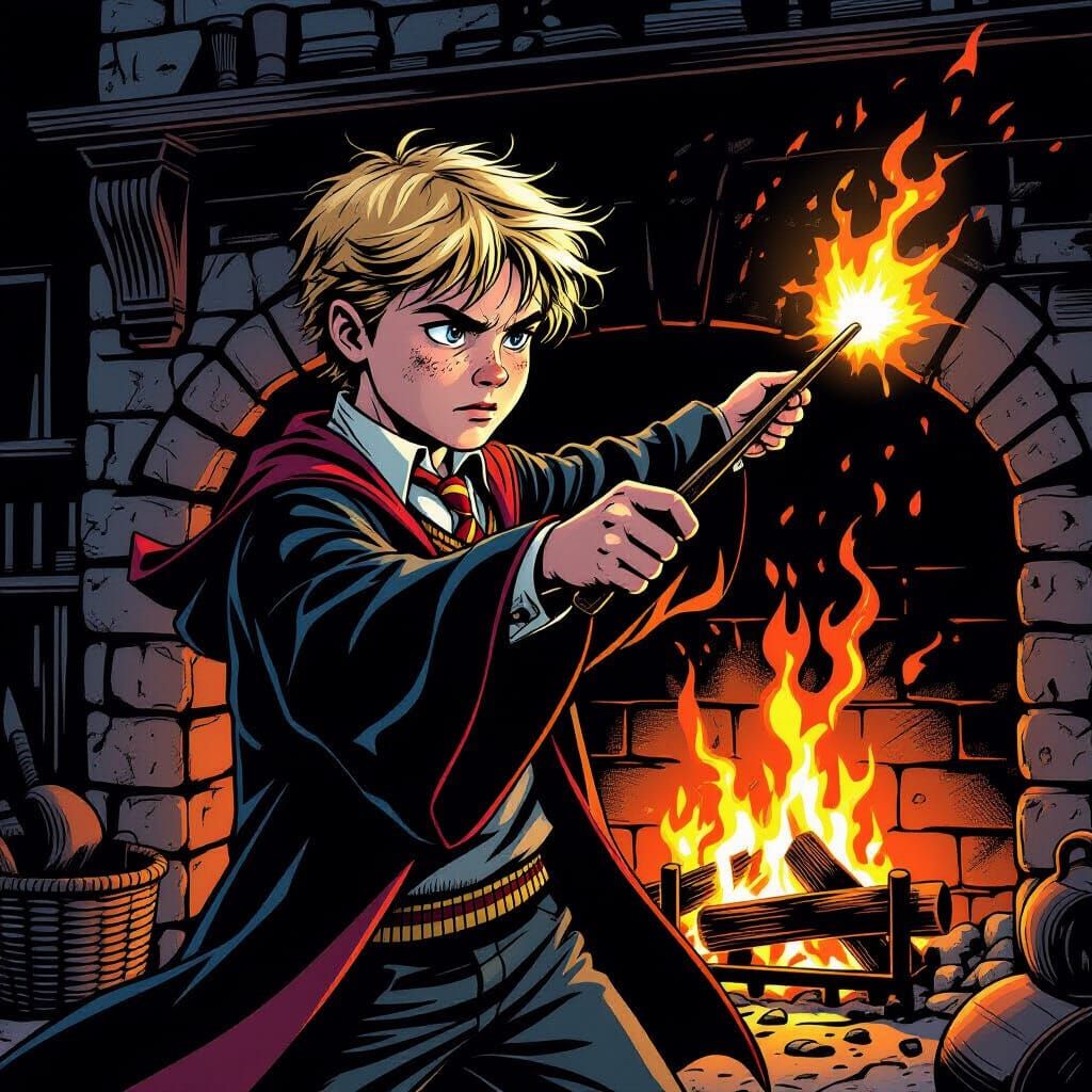 Gryffindor Student Aiming Wand at Fiery Fireplace in Comic S...