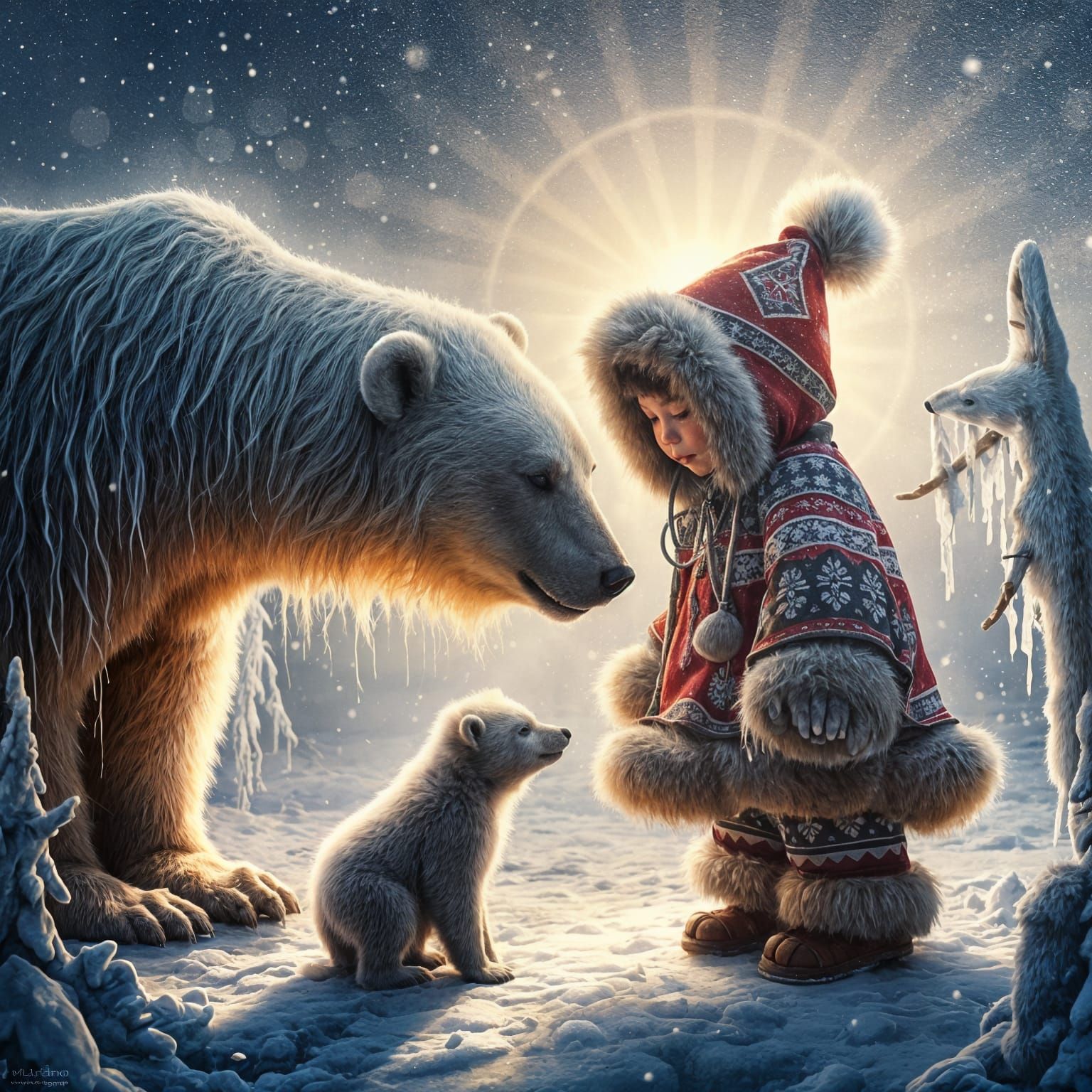 Eskimo Girl and Polar Bear Cub: Oil Painting