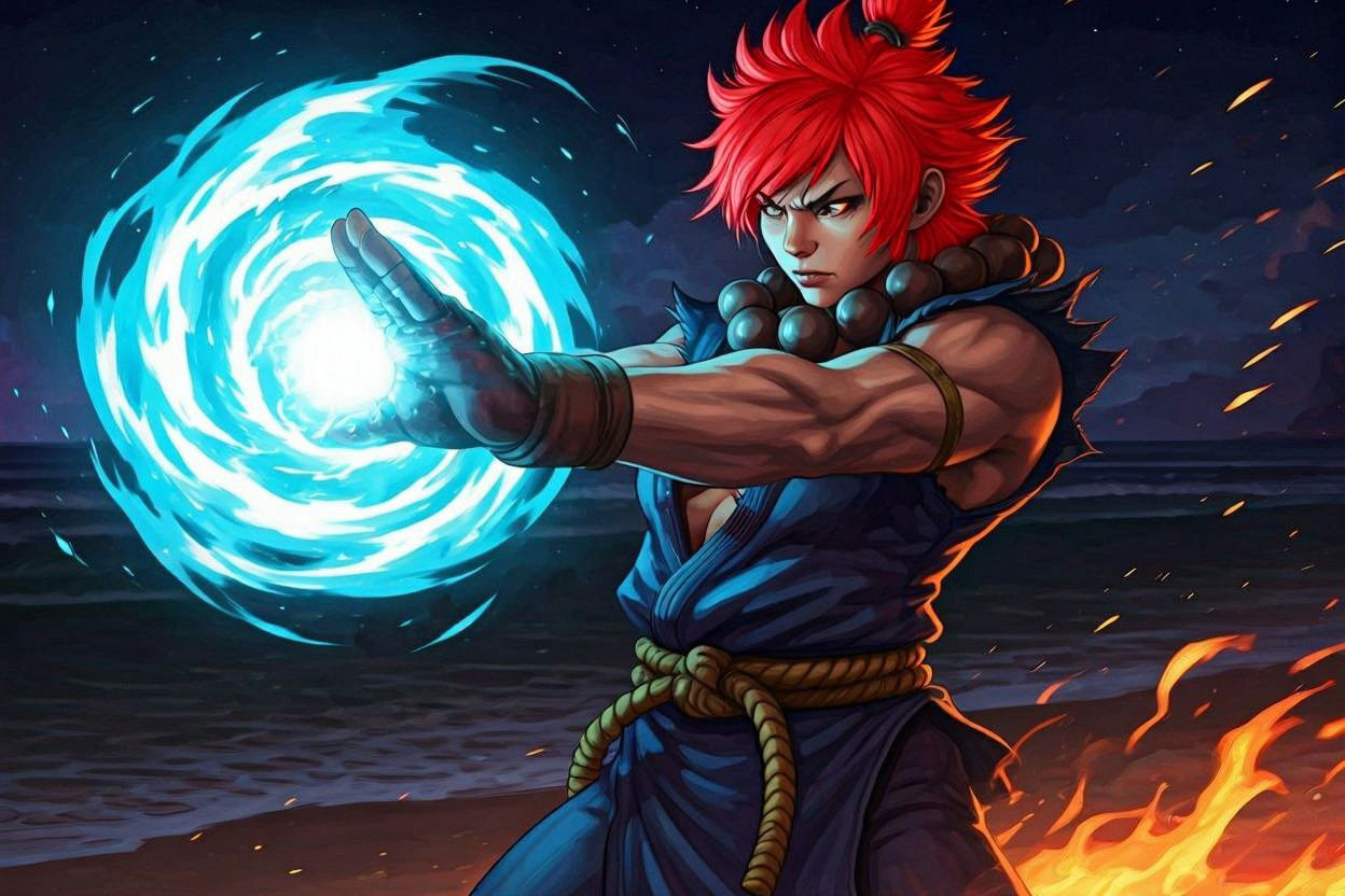 Female Akuma Prepares Fiery Hadouken on Night Beach