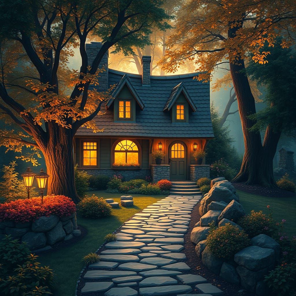 Cozy Cottage Scene in Whimsical Cyberpunk Style
