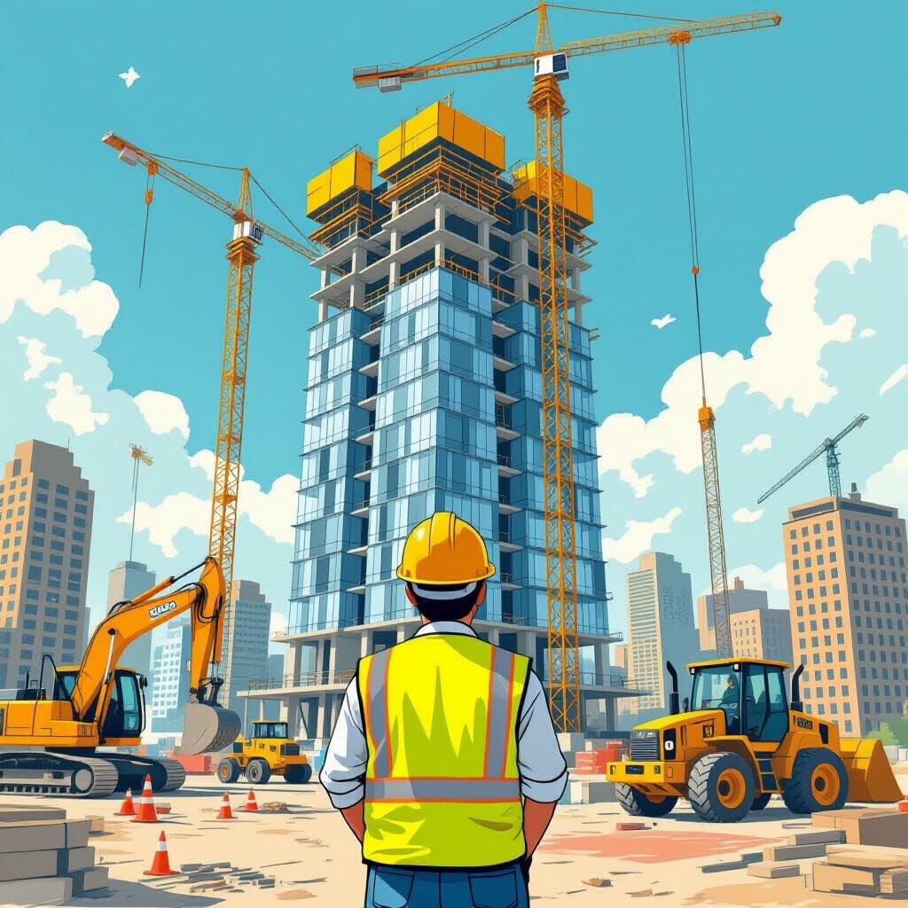 Whimsical Construction Scene with Engineer and Skyscraper