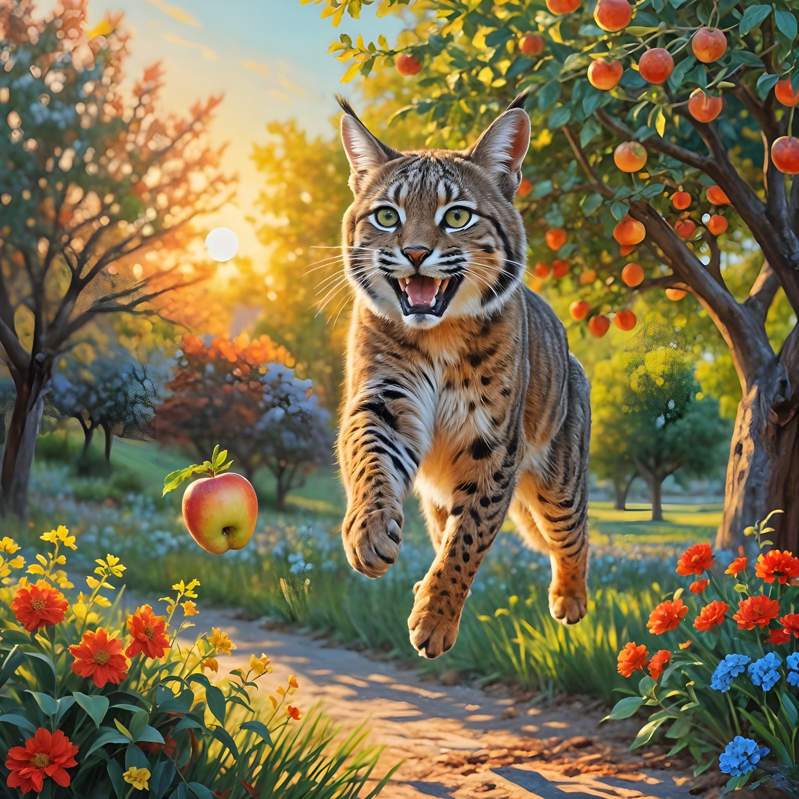 Bobcat Reaching for Apple in Fauvist Style