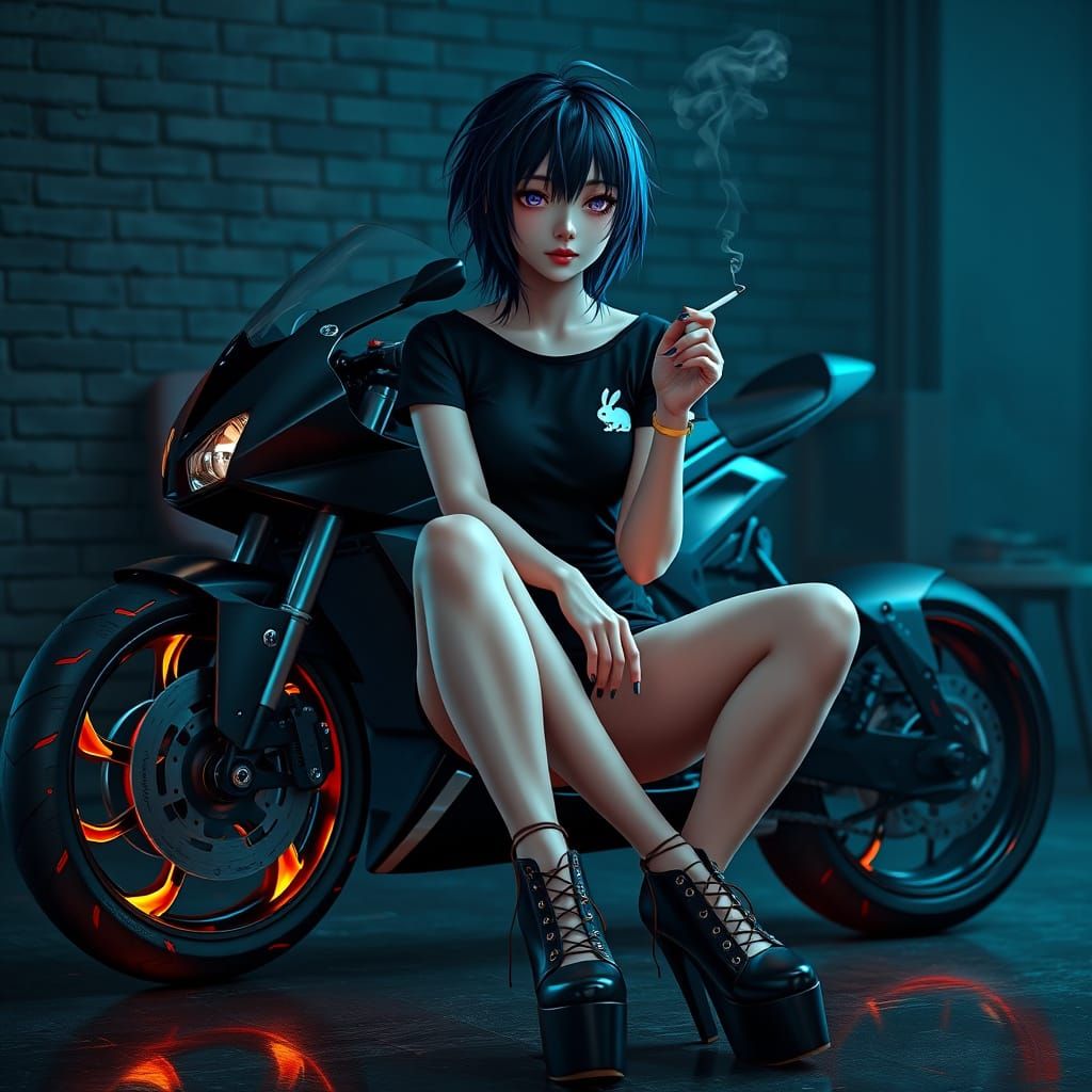 Cyberpunk Anime Woman with Flaming Superbike