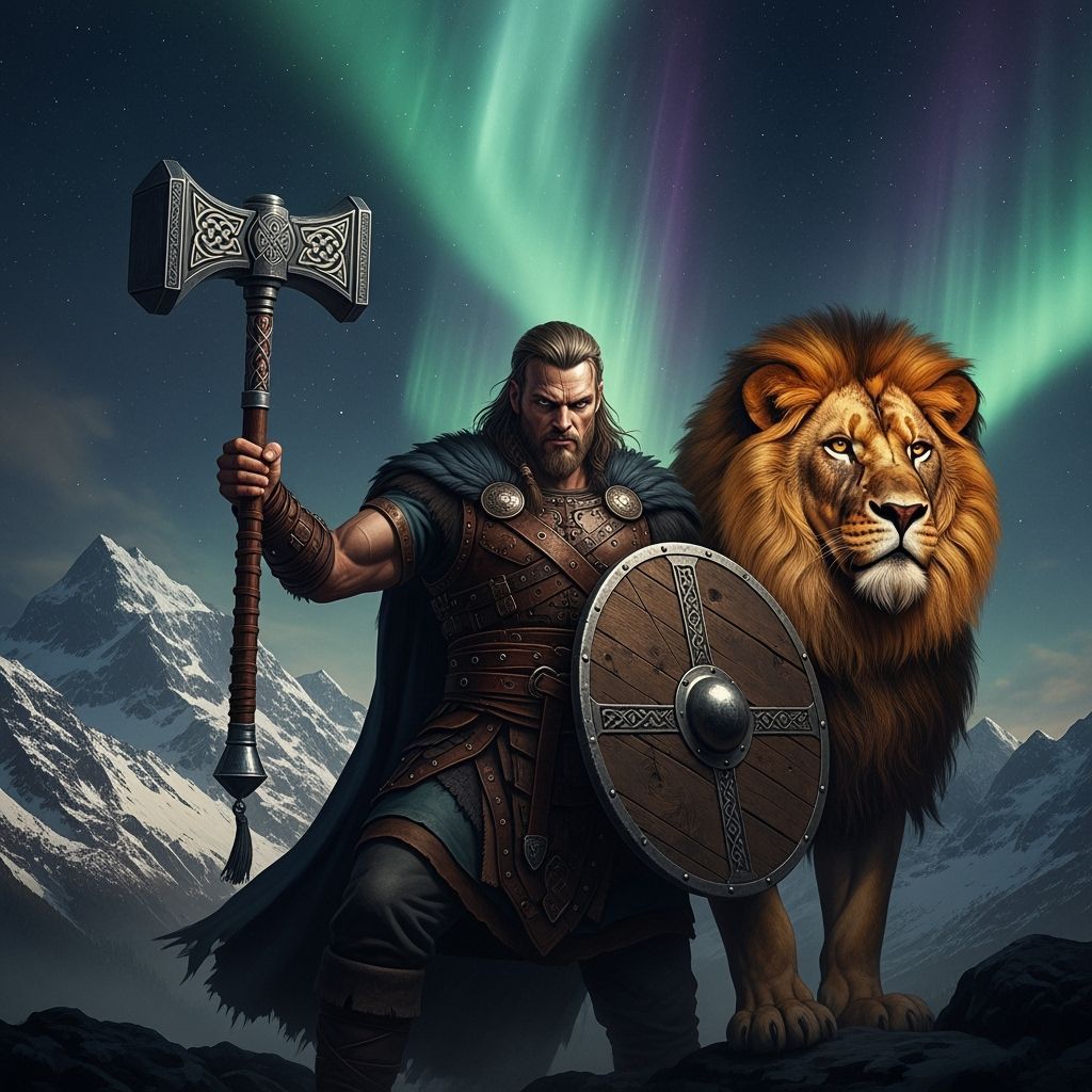 Viking Warrior with Lion Under Aurora