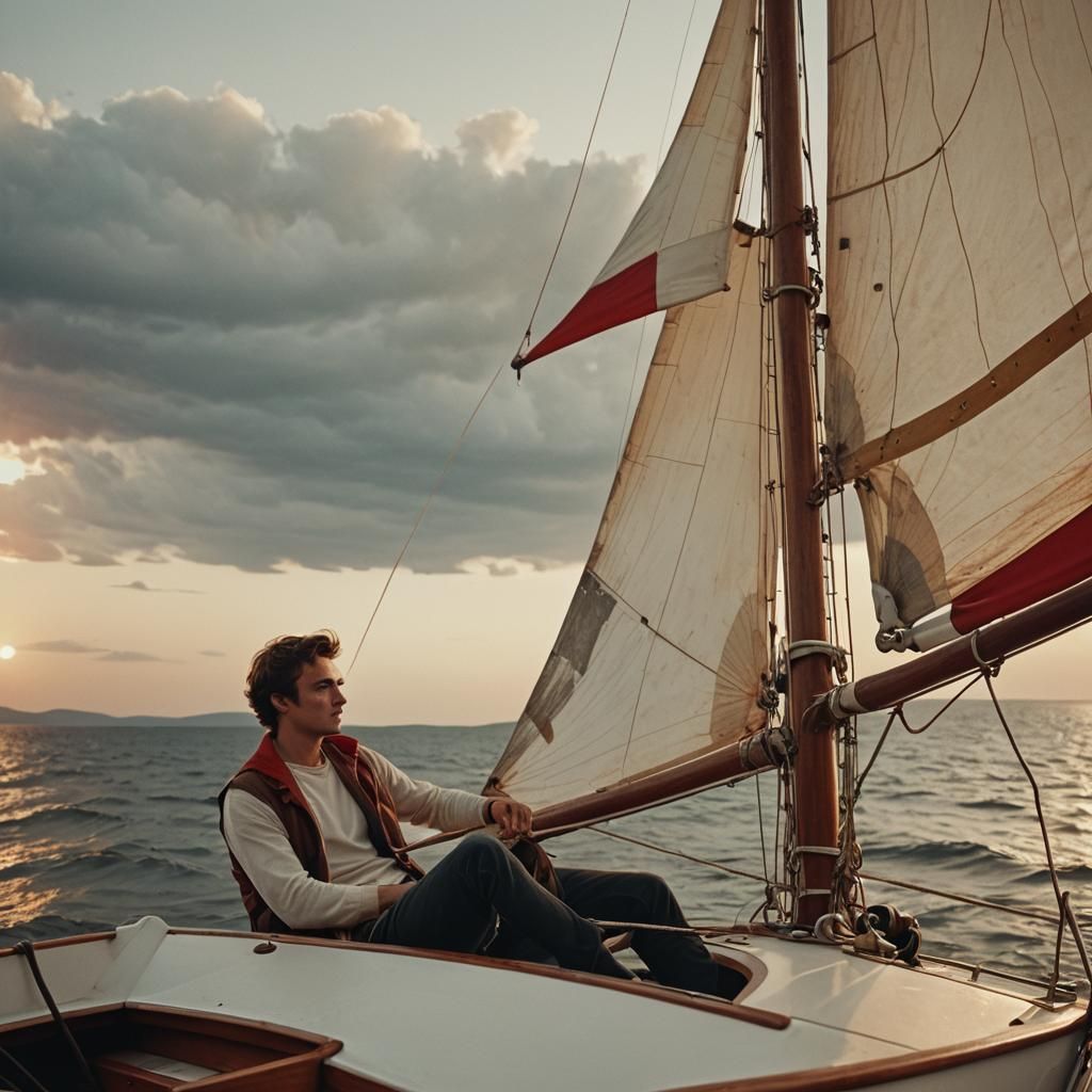 Young Sailor Navigating Calm Seas at Golden Hour