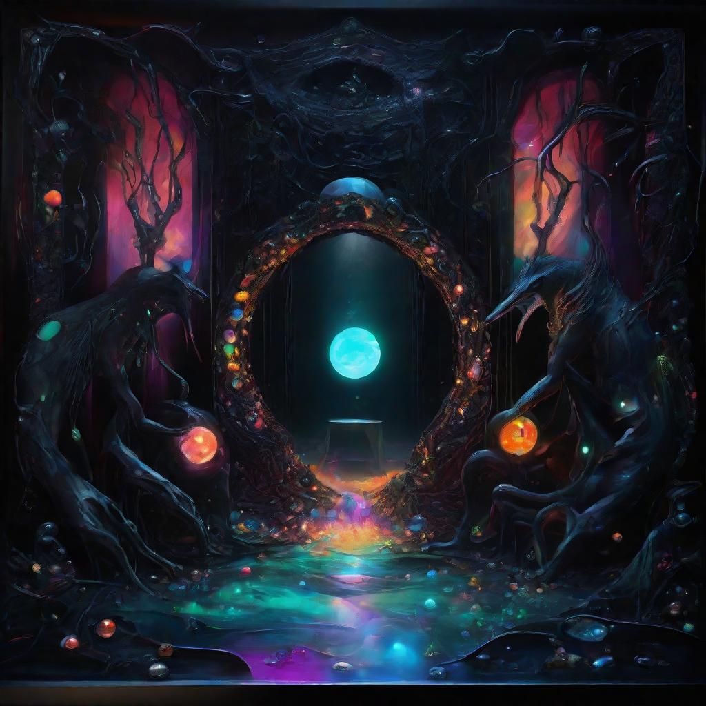 Black Creatures Guard a Surreal Neon Portal