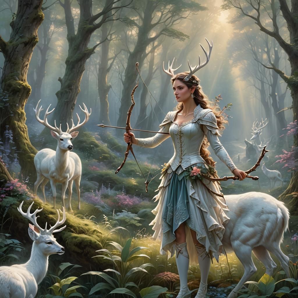 Archer Hunts Deer in Ethereal Fantasy Forest