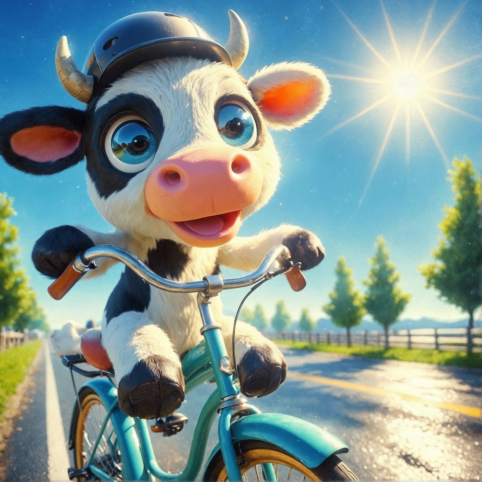 Animated Cow Rides Bicycle: Oil Painting Style