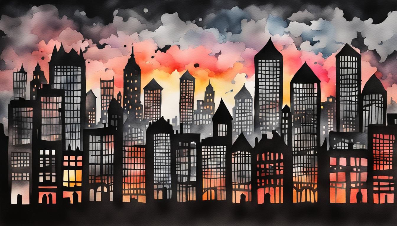 Black Watercolor Cityscape Paper Cut Illustration