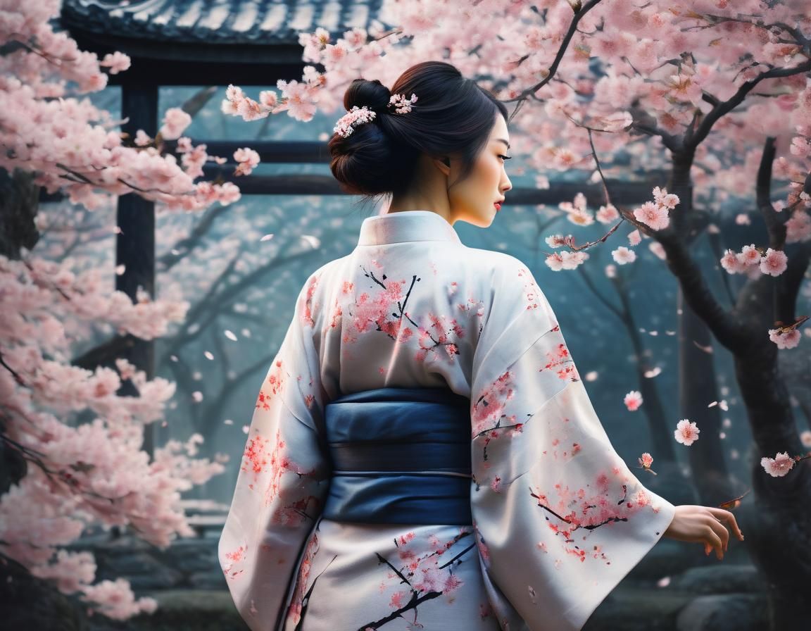 Cherry Blossom Garden with Kimono Silhouette