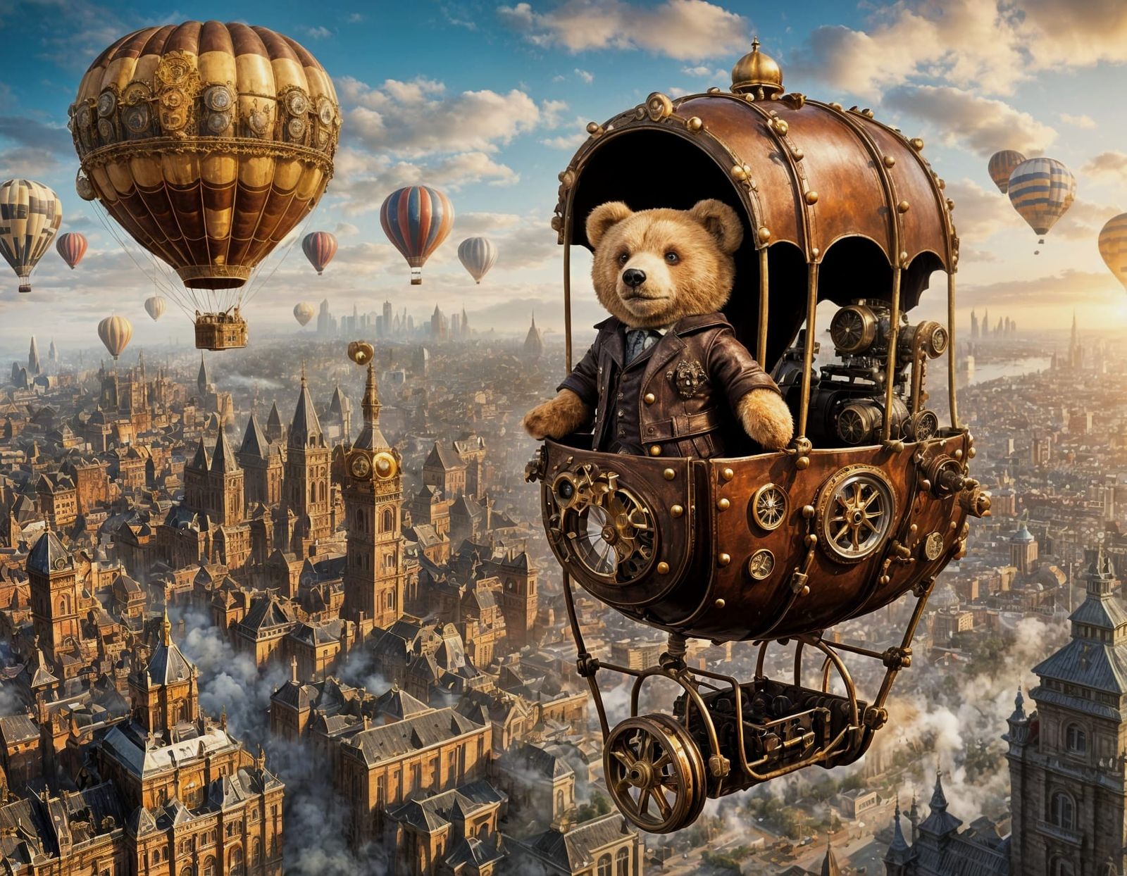 Steampunk Teddy Bear in Ornate Hot Air Balloon