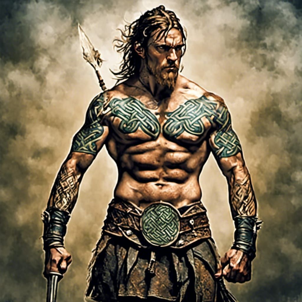 Scottish Warrior with Celtic Tattoos in Detailed Matte Paint...