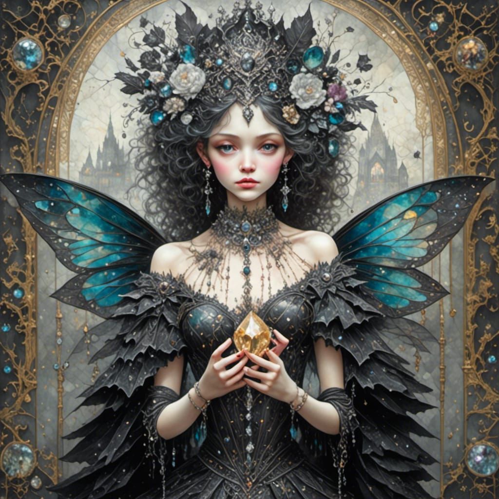 Gothic Jeweled Woman on Parchment in Liquid Gouache