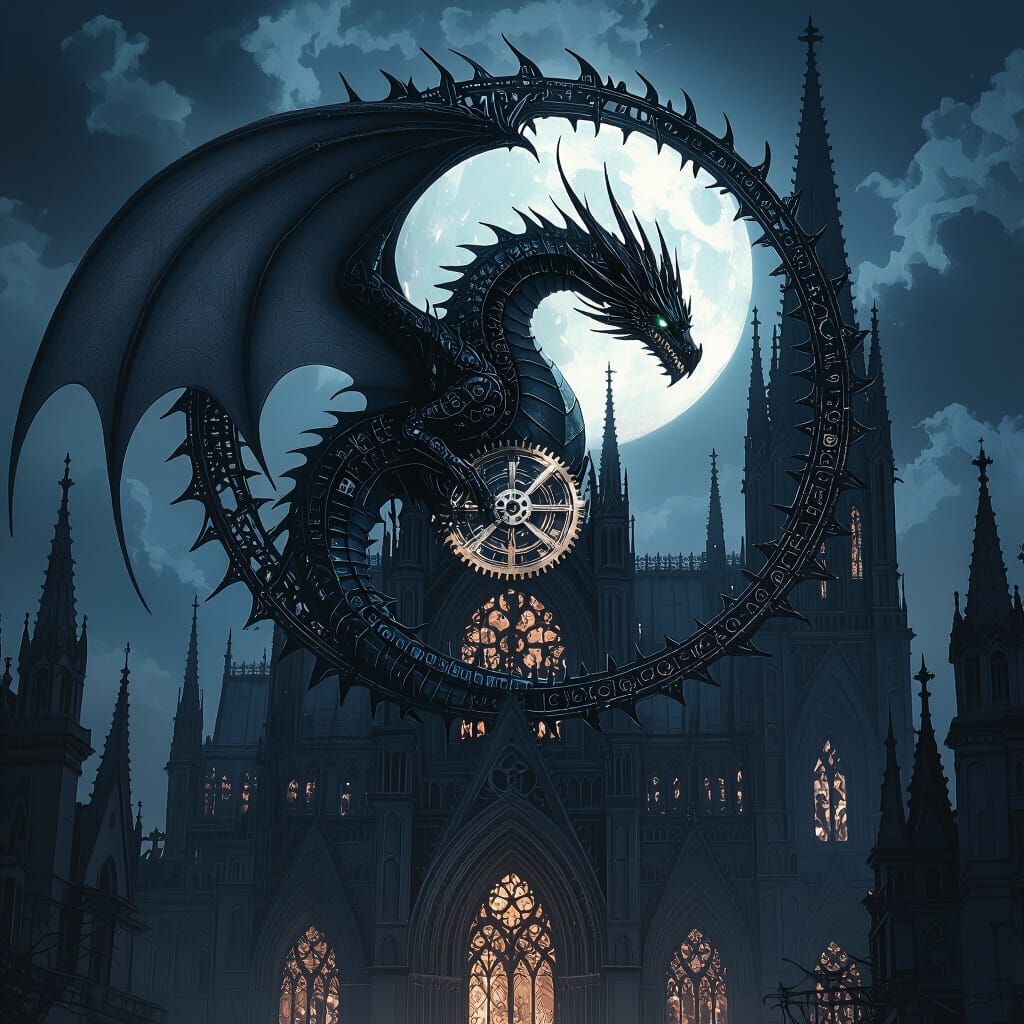 Clockwork Dragon Circling Gothic Cathedral in Dark Fantasy S...