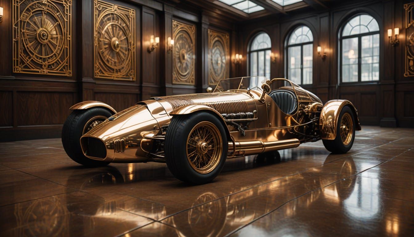 Vintage Futuristic Racing Car in Art Deco Tunnel