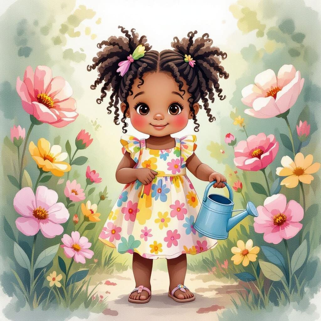 Girl in Garden: Watercolor Painting in Dreamlike Style