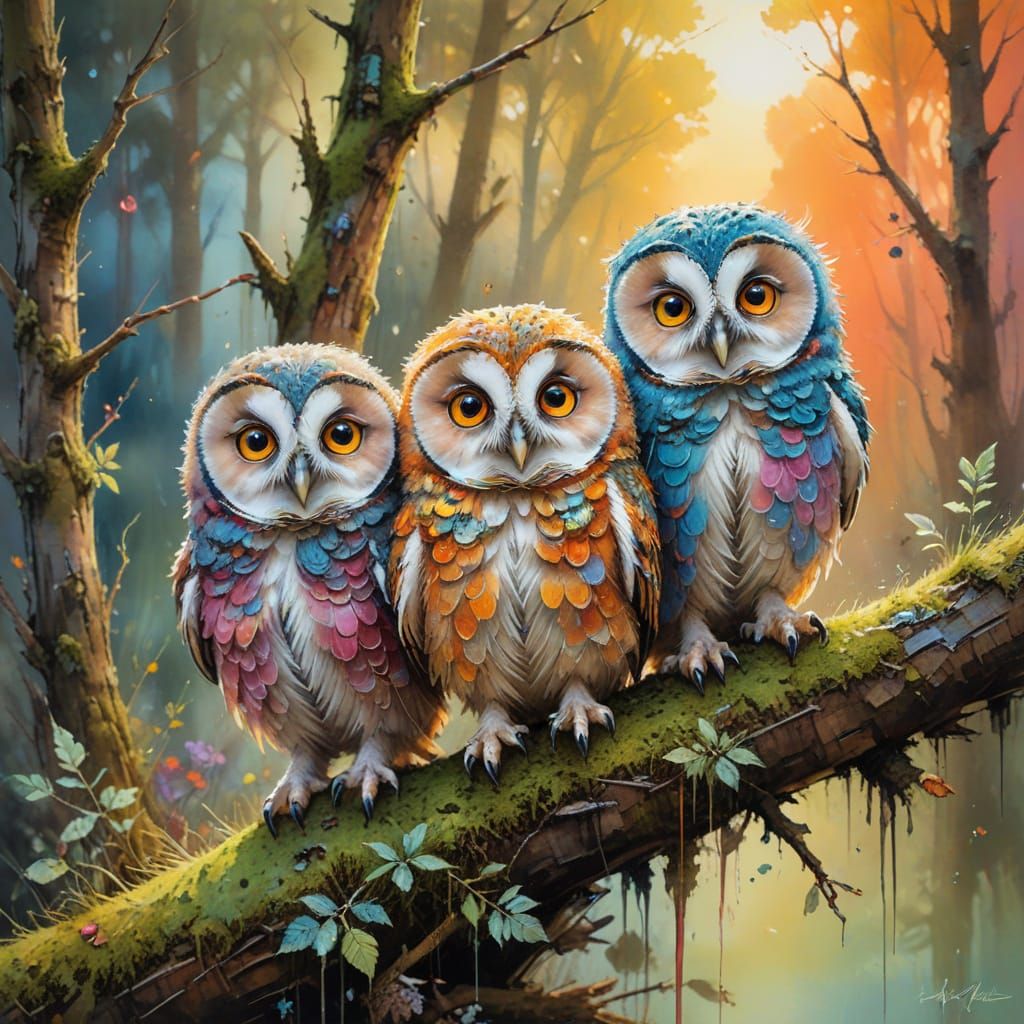 Owlets on Branch in Neo-Impressionist Oil Painting