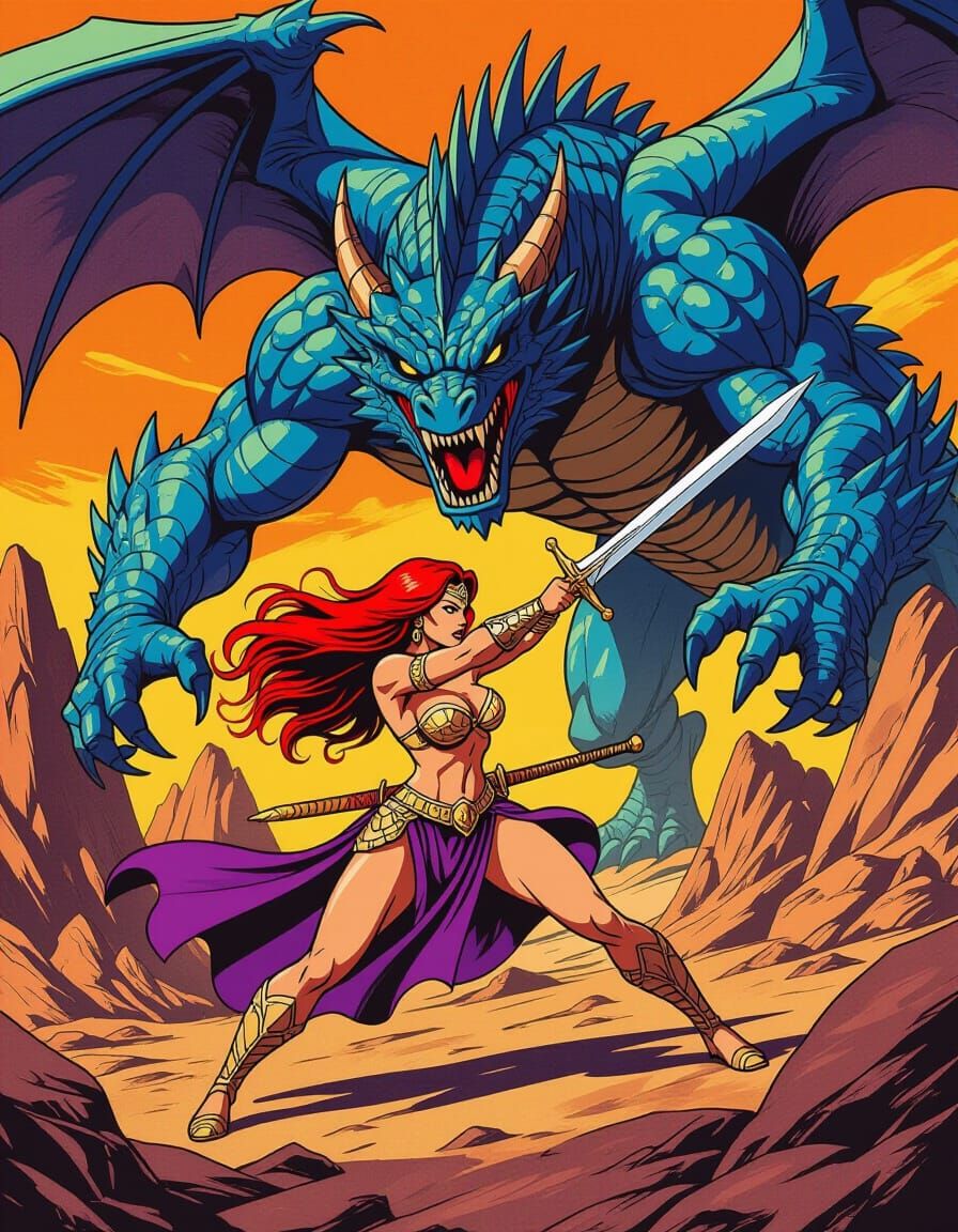 Warrior Woman vs Dragon in Retro Comic Style