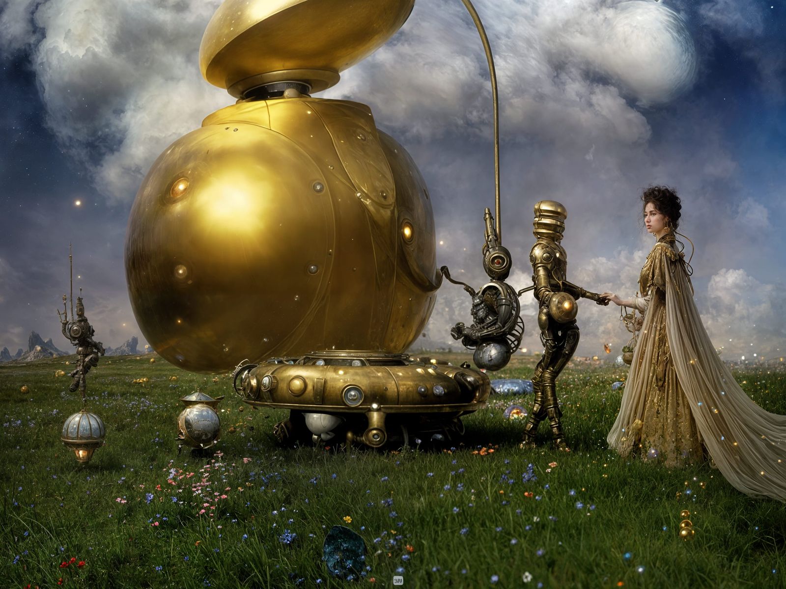 Alien Encounter Inside Golden Saucer: Hyperrealist Painting