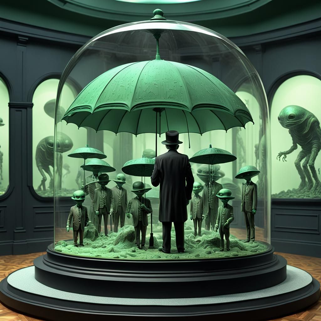 Aliens Visit Museum Exhibit: Magritte Bowler Hat Man