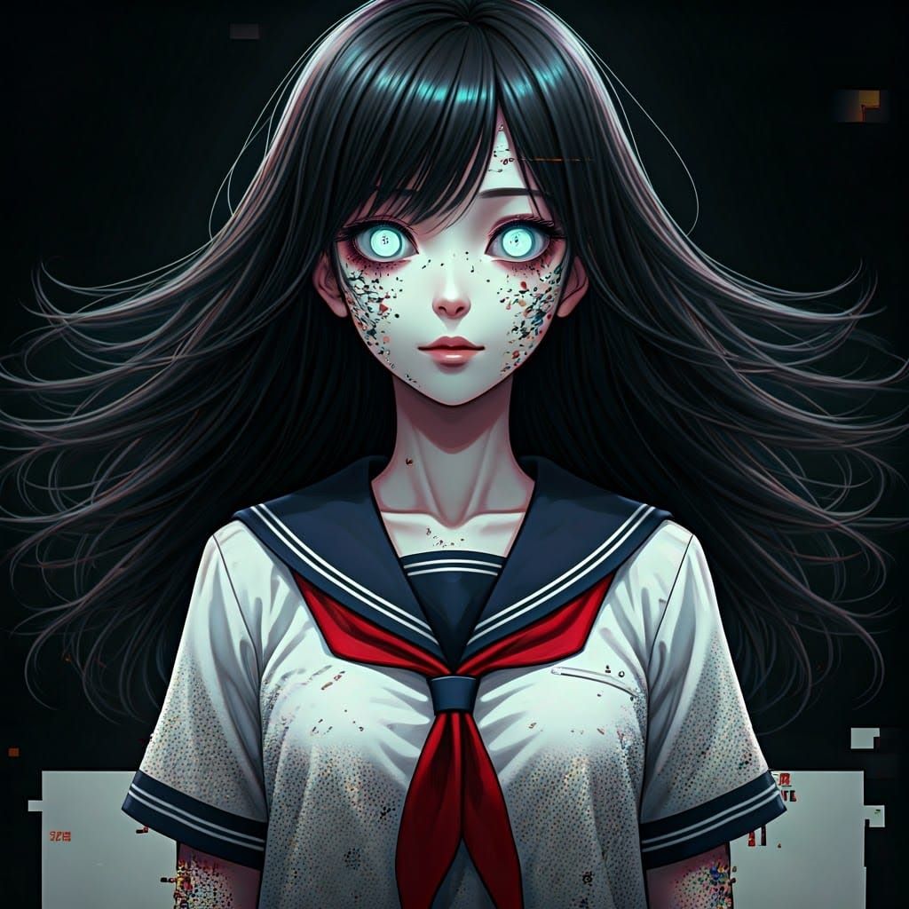 Manga-Inspired Girl with Unsettling Aura, Cyberpunk Horror