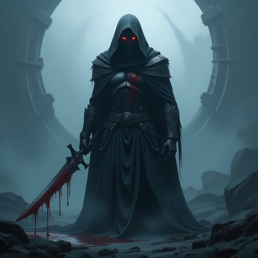 Ominous Figure Bleeding in Biomechanical Dark Fantasy Style