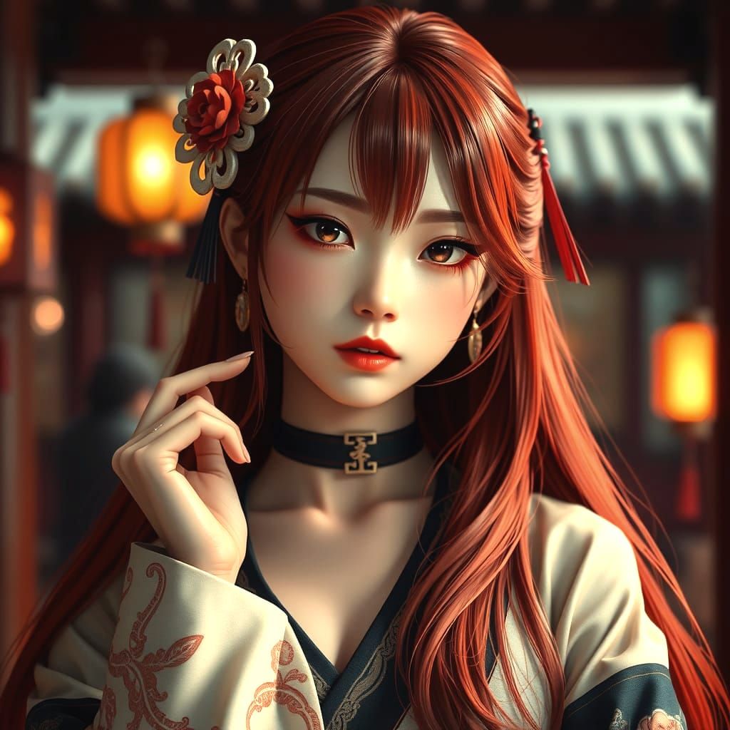 Realistic Portrait of Yae Miko with Red Hair