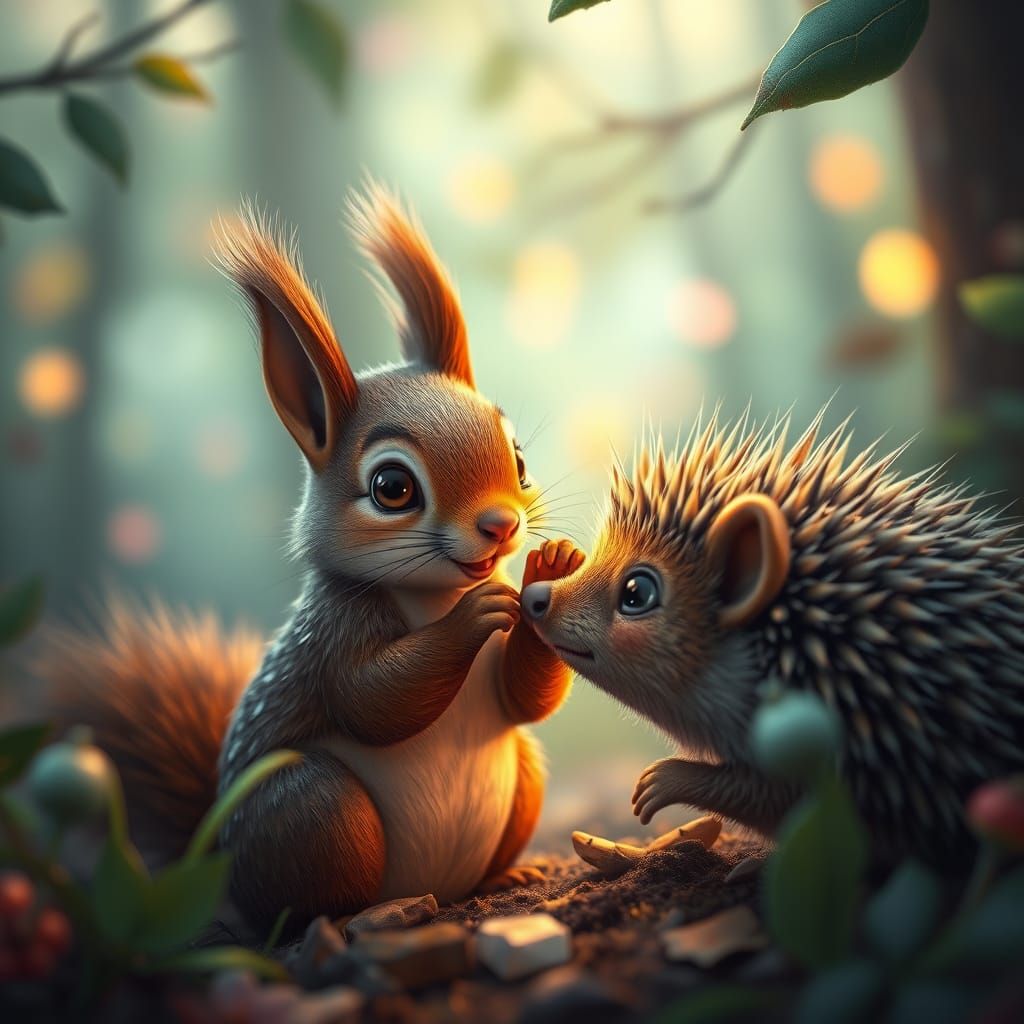 Squirrel and Hedgehog in Whimsical Forest Encounter