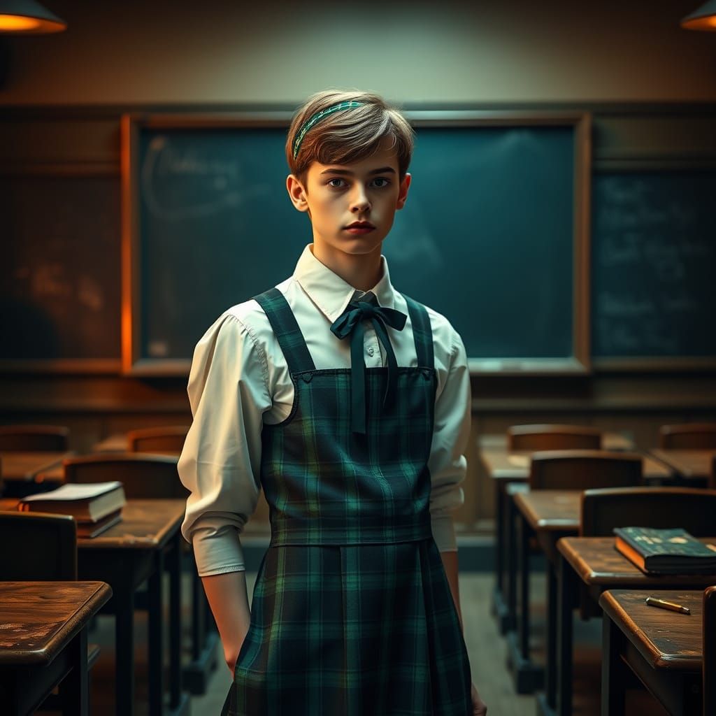 Confident Young Man in Schoolgirl Uniform, Moody Classroom