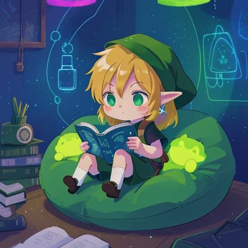 Chibi Link Reads in Cozy Spaceship Cabin