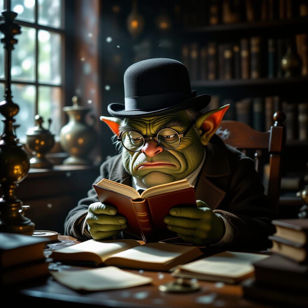 Grumpy Cyclops Reads Tiny Book in Cluttered Study