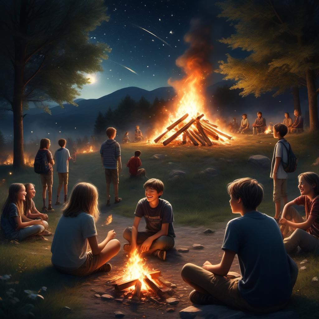 Nostalgic Summer Bonfire Under Stars: Digital Art