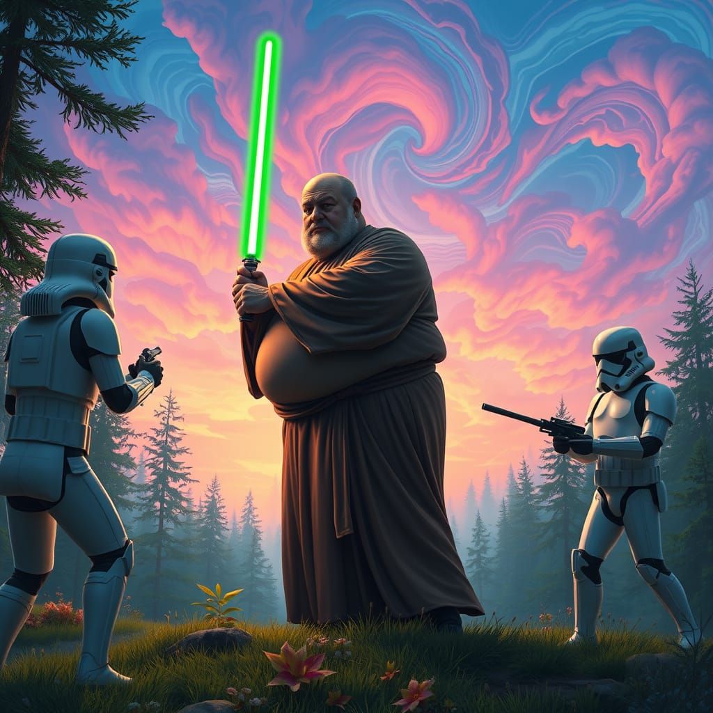 Jedi Knight Battles Stormtrooper Under Psychedelic Sky