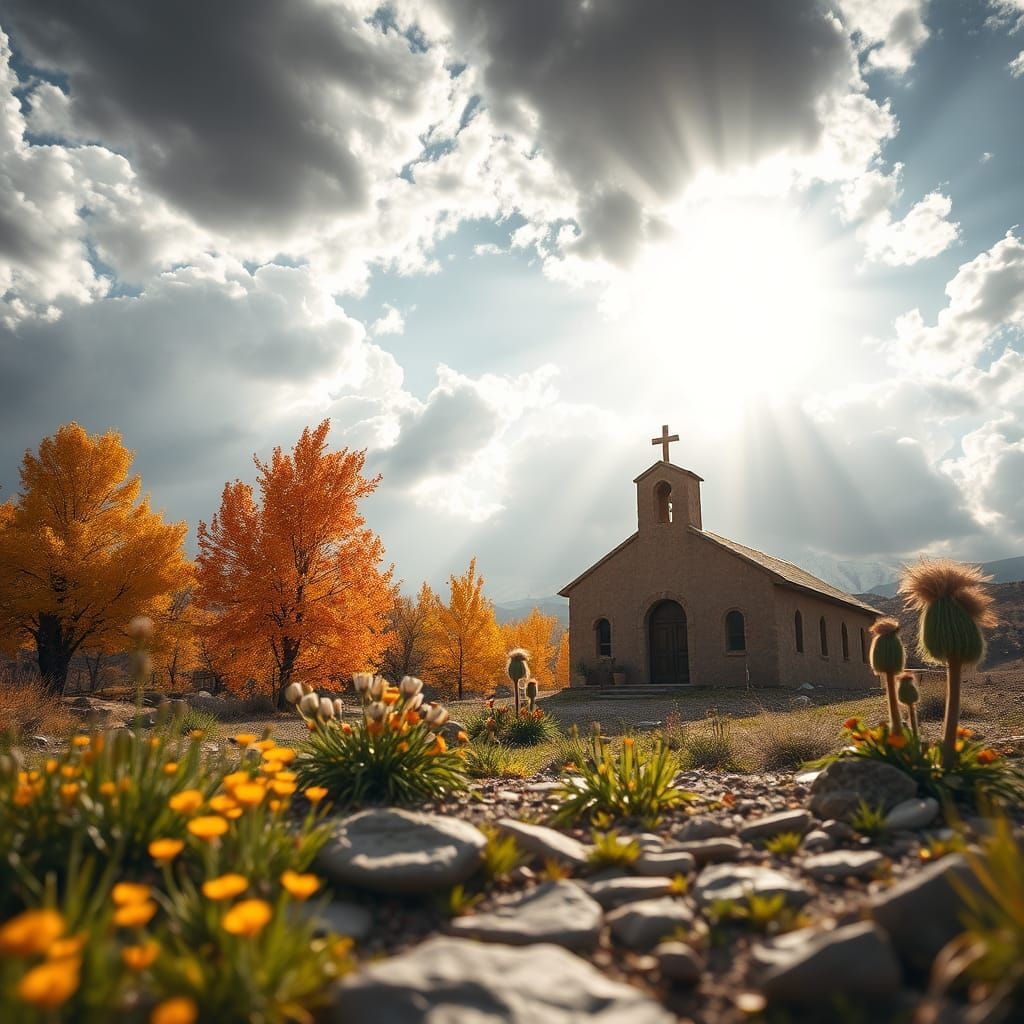 Adobe Chapel in Autumn Valley Sunlight