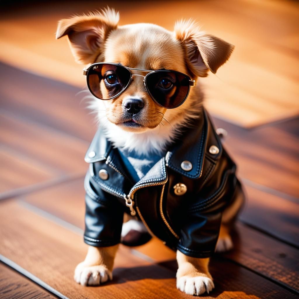 Puppy Portrait in Sunglasses and Leather Jacket