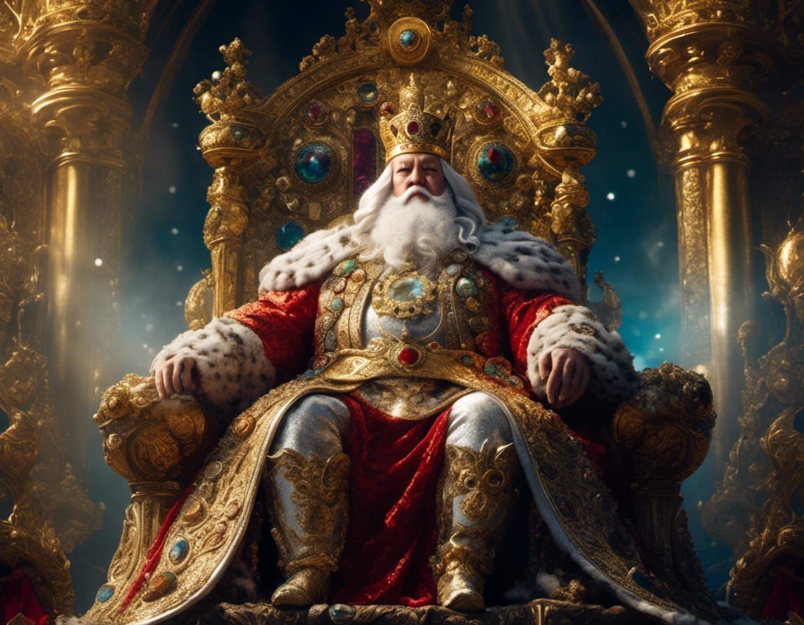 Frowning Old King on Throne in Hyperreal Style