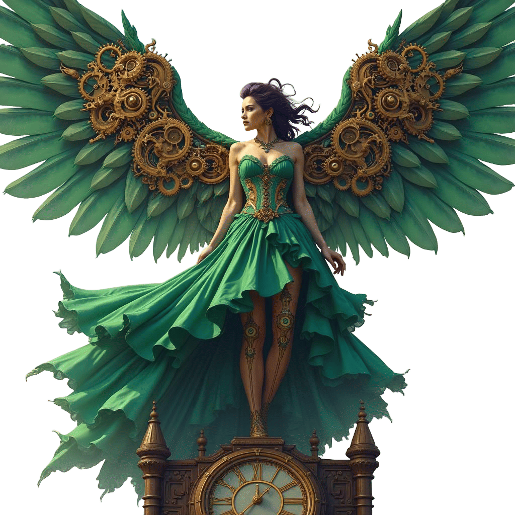 Steampunk Woman with Mechanical Wings and Clock Tower