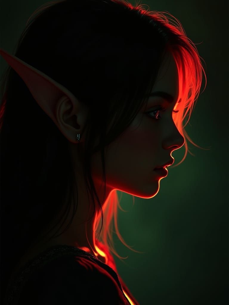 Glowing Red and Green Elf Silhouette in Dark Background