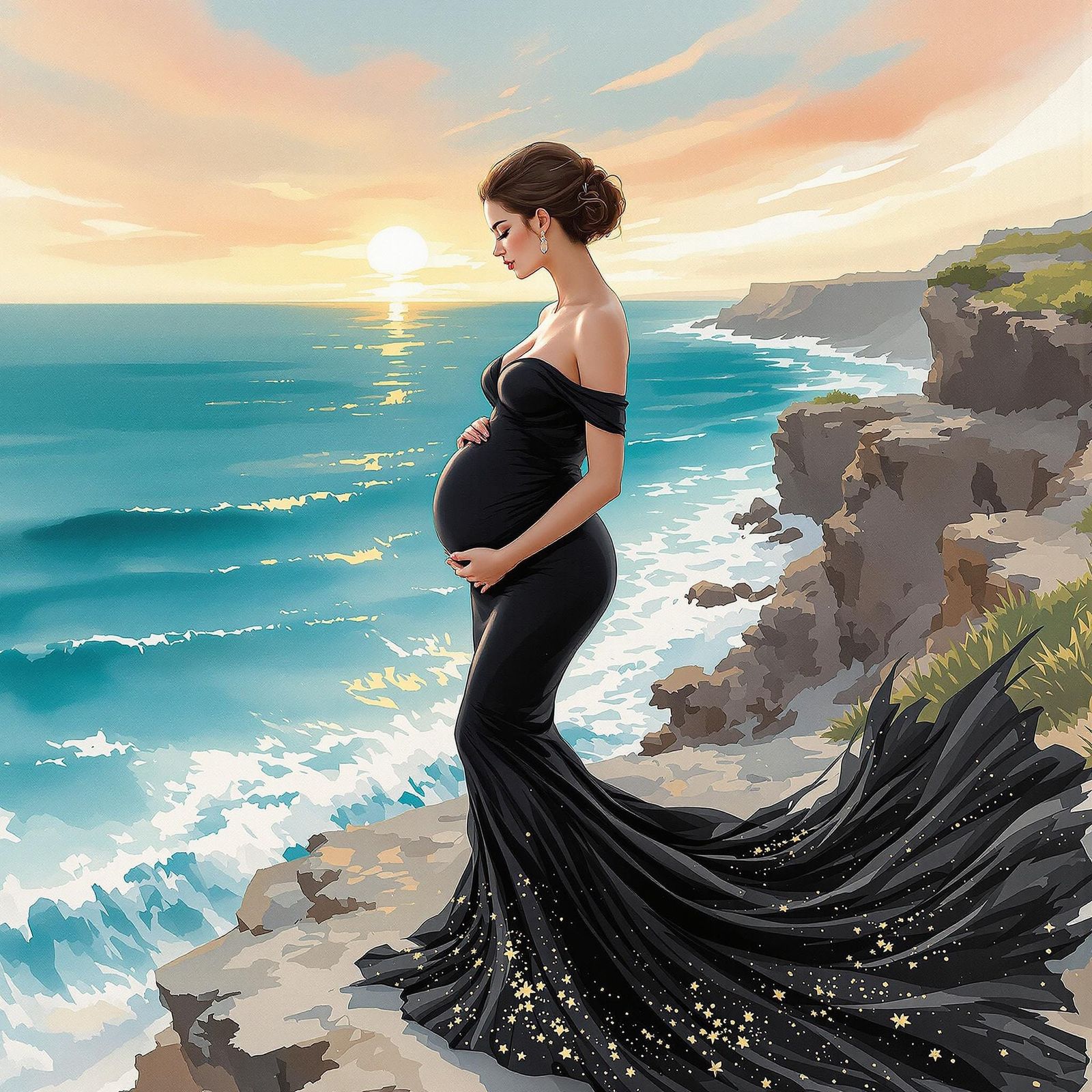 Elegant Mother in Windswept Landscape, Ink and Watercolor St...