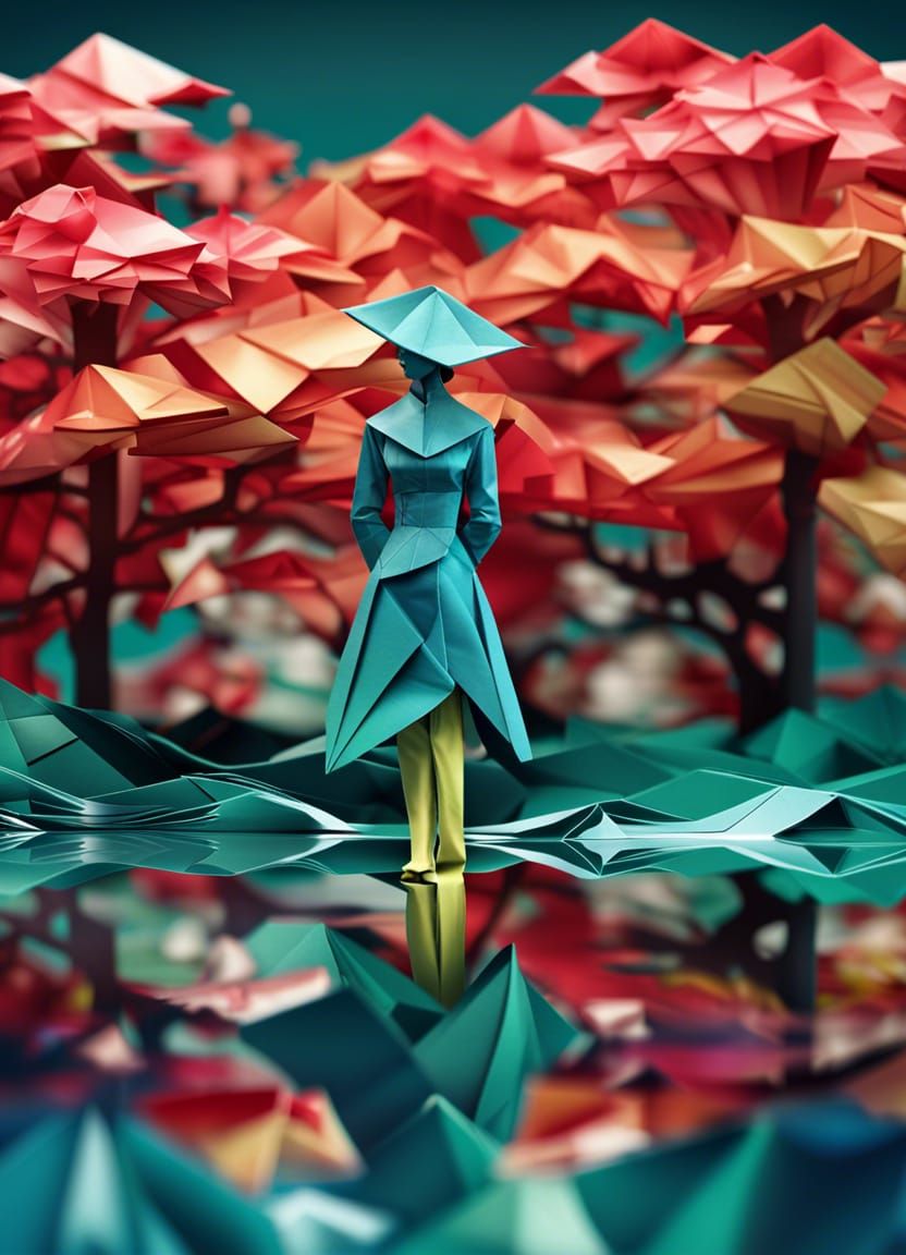 Origami Woman by Apple Tree with Water Reflections