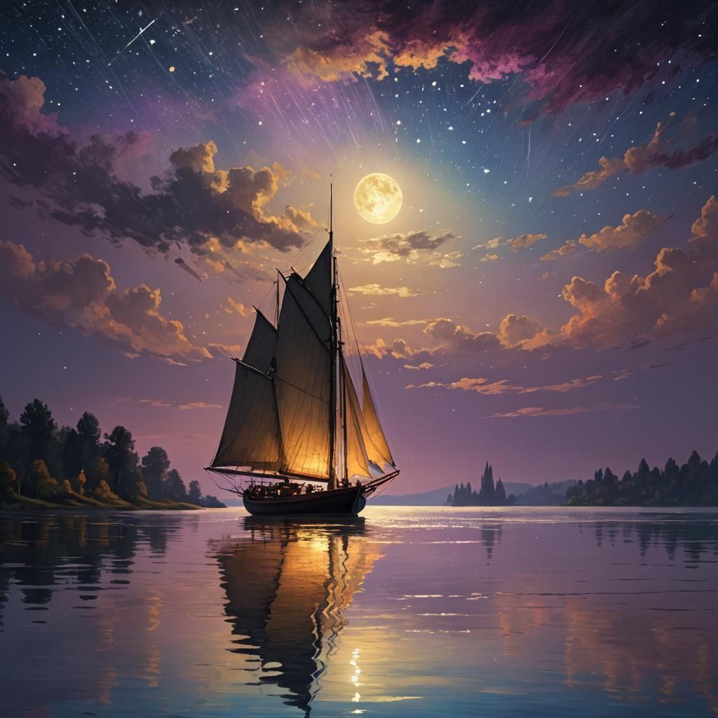 Sailboat Glides Under Starry Sky in Impressionistic Style