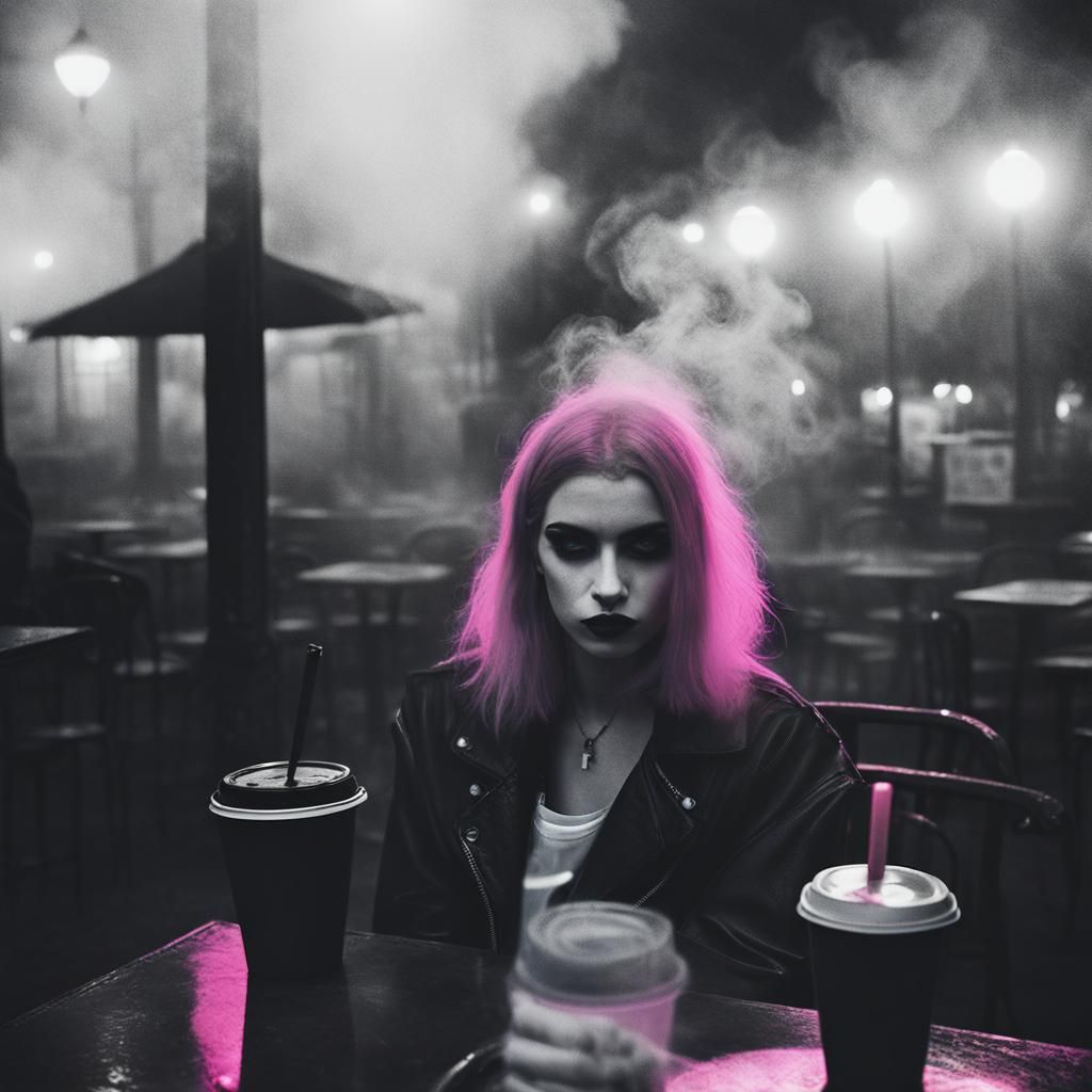 Goth Model in Neon-Lit Coffee Shop: Gritty Photography